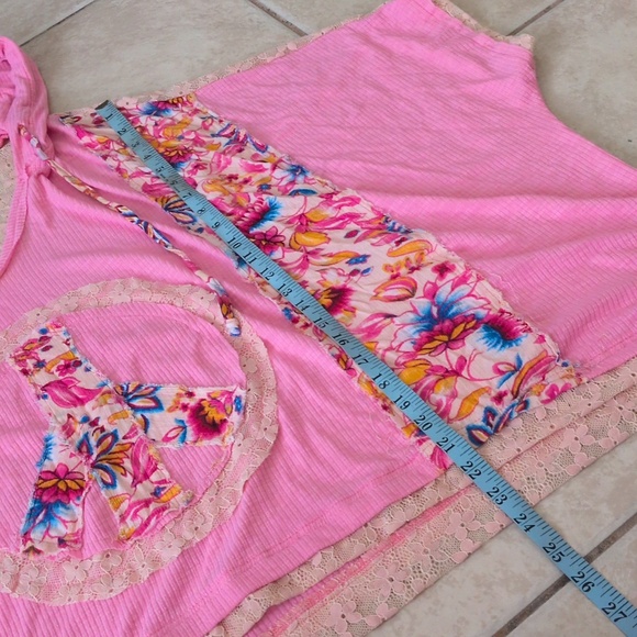 POL  Pink Peace Sign Oversized Hoodie Lace Patchwork Bohemian Top Size Large - Picture 4 of 6